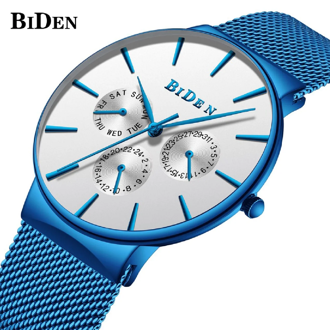 

Top Brand BIDEN Luxury Blue Male Stainless Steel Mesh Band Ultra Thin Quartz Clock Fashion WristWatches New Relogio Masculino