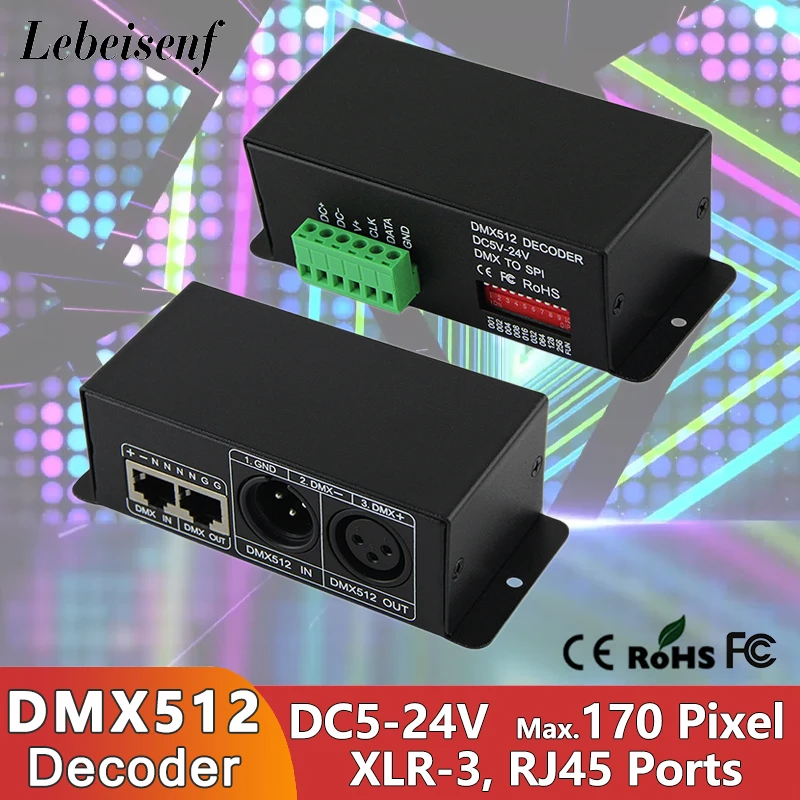 

DC5-24V DMX Signal Decoder DMX512/1990 to TTL SPI 170 Pixel Converter Controller XLR-3 RJ45 For LED 2801 6803 2812 2811 IC Strip