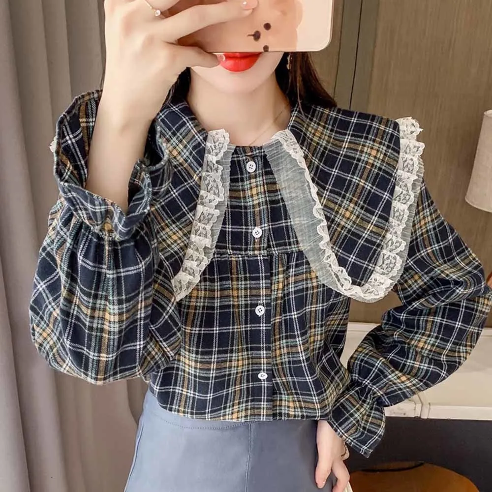 

2022 Spring Autumn Basic Shirts Blouses Women Japan Preppy Style Design Ruffled Tops Ruffled Peter Pan Collar Plaid Button Shirt