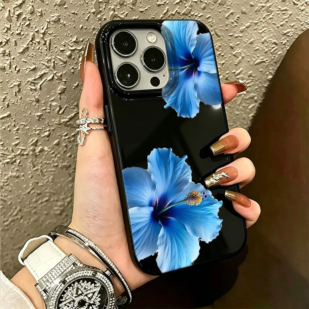 Фото Глянцевый черный чехол для телефона с цветком гибискуса для iPhone 17, 16, 15, 14 Plus, 13, 12, 11 Pro MAX, 17 Air, синий чехол с цветочным узором гибискуса №1