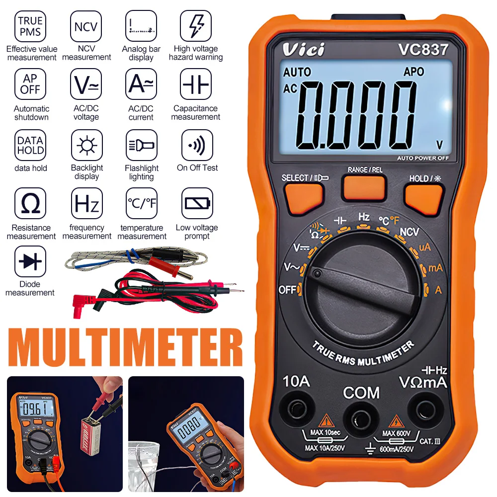 

LCD Digital Multimeter TRMS 6000 Counts Auto Ranging AC DC Voltage NVC Current Diode Freguency Temperature Meter Tester