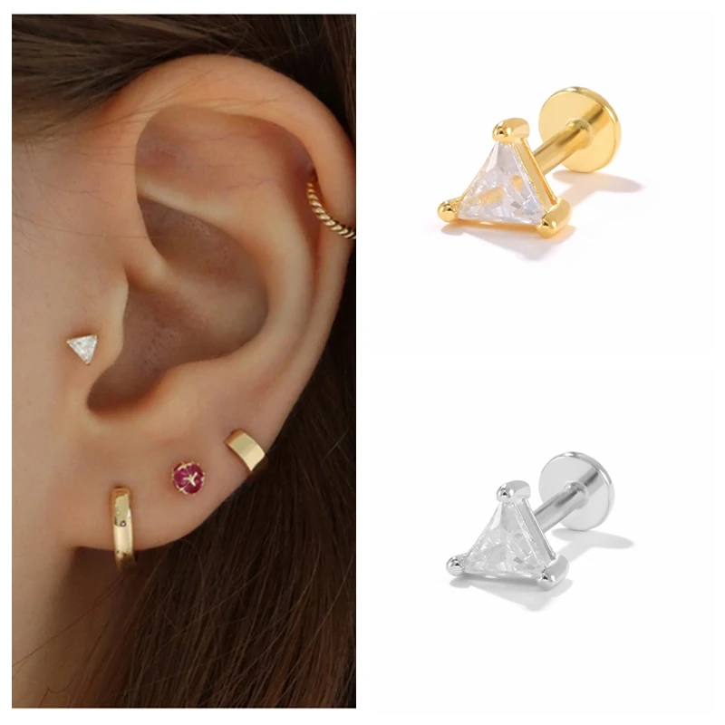 

BOAKO 1pcTriangular Crystal 925 Sterling Silver Stud Earrings for Women Kolczyki Threaded Earrings Piercing Mom Gift 2022 Trend