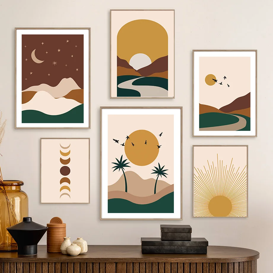 

Boho Abstract Posters Palm Tree Bird Desert Sun Modern Wall Art Botanical Print Canvas Painting Living Room Home Decoration