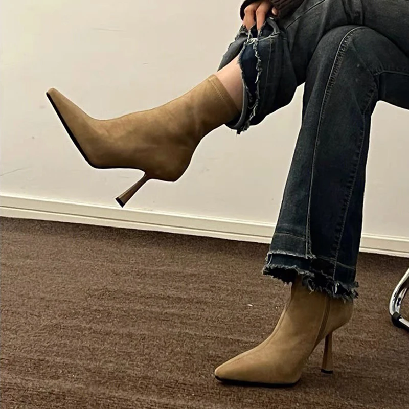 

Sexy Women Pointed Toe Ankle Boots 2024 Winter High Heels New Designer Brand Chelsea Boots Suede Zipper Elegant Goth Femme Botas