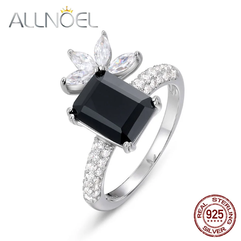 

ALLNOEL 925 Silver Resizable Ring Classic Female Rectangle Black Agate CZ Ring Trendy Women's Party Jewelry Gifts 2021 New