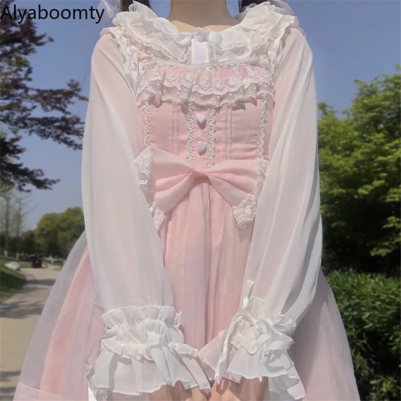

2022 Japanese Spring Autumn Women Lolita Shirt Ruffled Collar White Black Sweet JSK Blouse Cute Kawaii Ruffles Elegant Sweet Top