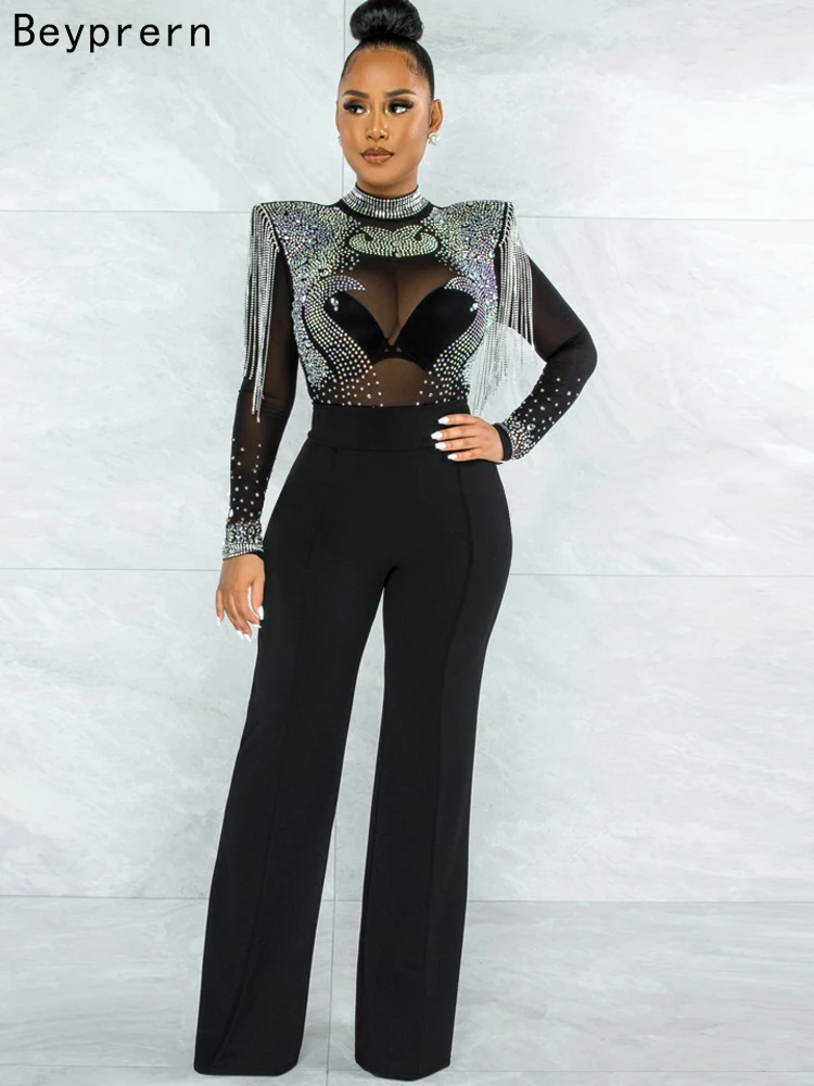 Элегантные черные комбинезоны Beyprern с украшением широкие брюки шикарные женские