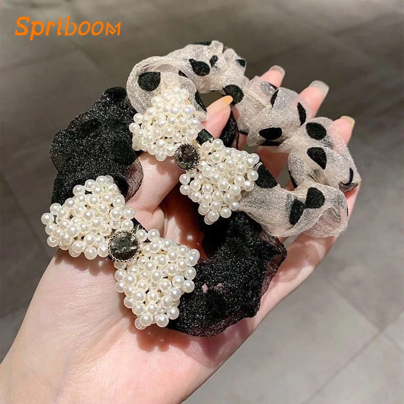 

Polka Dot Pearl Bow Mesh Hair Ties Romantic Elastic Rubber Hairbands Sweet Kpop Headwear Hoops Rhinestone Hair Accessories Gifts