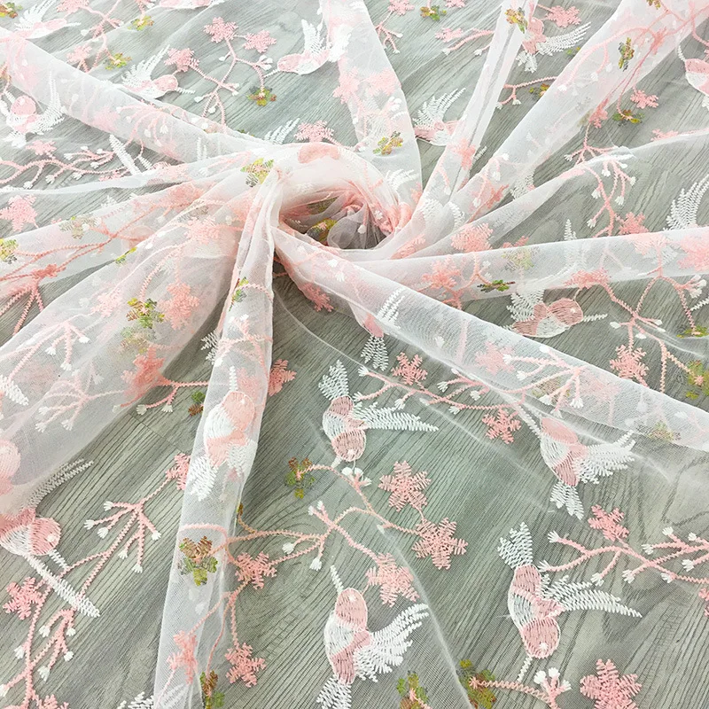 

Elegant Embroidery Mesh Fabric Fresh Pink Bird Soft For Skirt Performance Dress Cheongsam DIY Materials