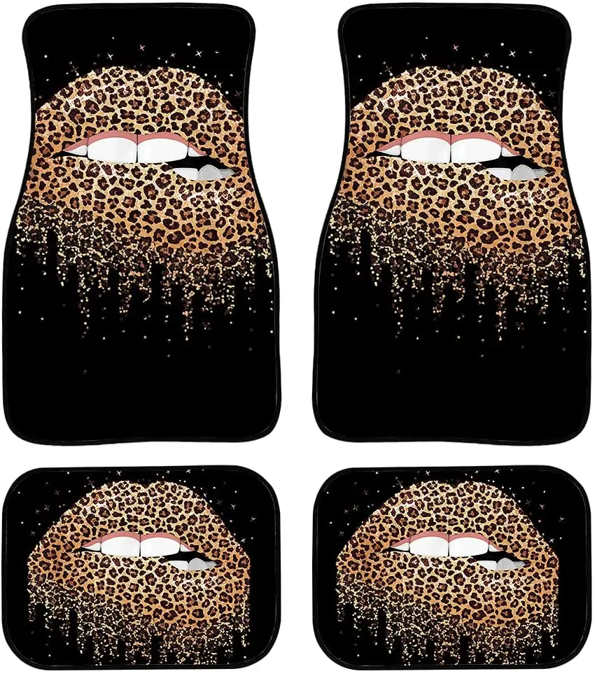 

JEOCODY Leopard Print Lips Front & Rear Car Floor Mats for Cars Anti-Slip Cushion Automoetive Accessories, 4 pcs Set Heavy Dust