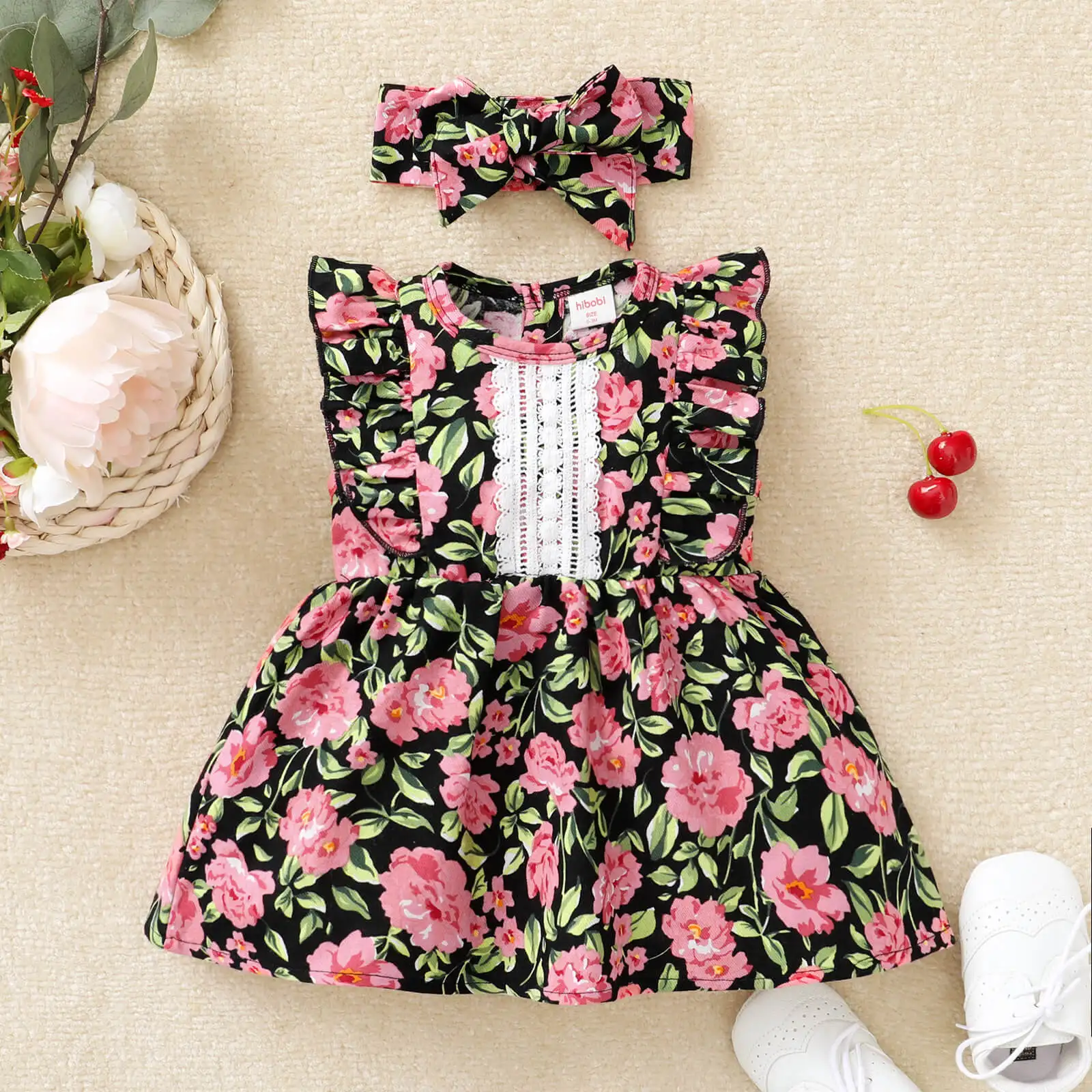 

hibobi Baby Girl Ruffle Floral Print Dress Headband Two-piece