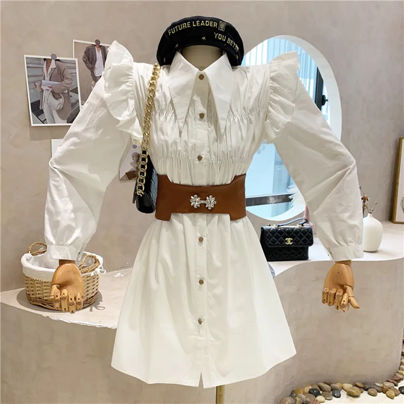 

Niche Design New Women's Clothing 2022 Spring FDesign Sense Fold High Waist Long Sleeve Ruffle Shirt Dress Vestido