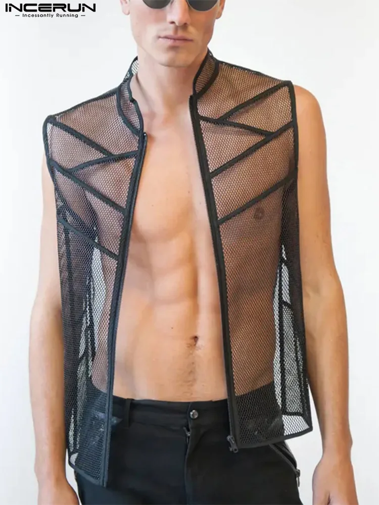 

Сексуальный Модный стильный мужской жилет, Стильный Хорошо облегающий мужской комбинированный прозрачный сетчатый жилет без рукавов, Тонк...