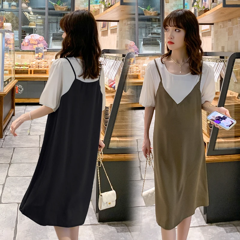 

823# Summer Korean Fashion Patchwork Maternity Dress Sweet Lovely Elegant Straight Loose Clothes for Pregnant Women Pregnancy