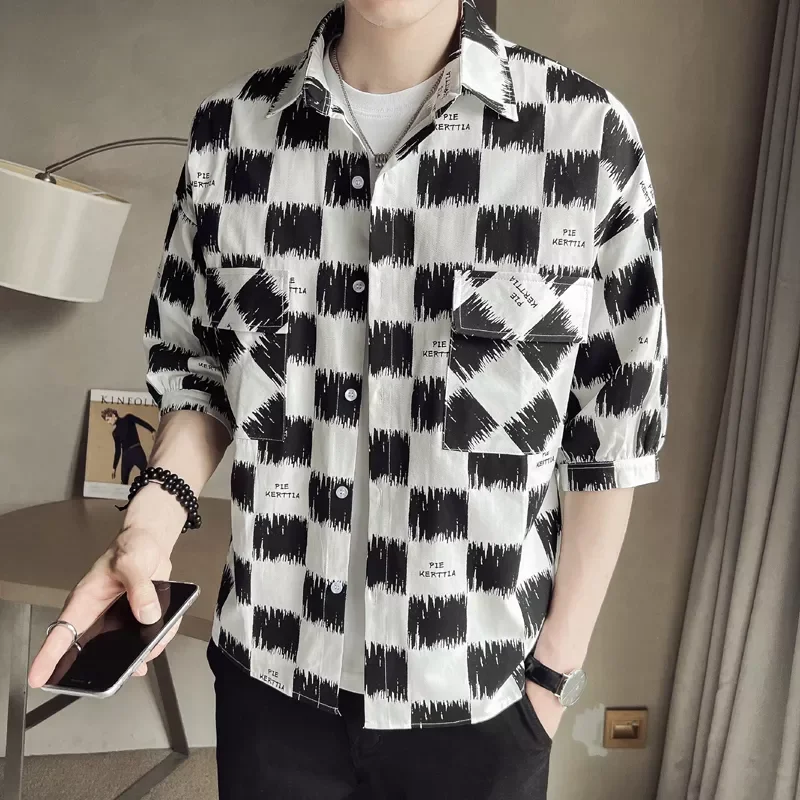 

Мужская летняя рубашка в клетку, с коротким рукавом и отложным воротником