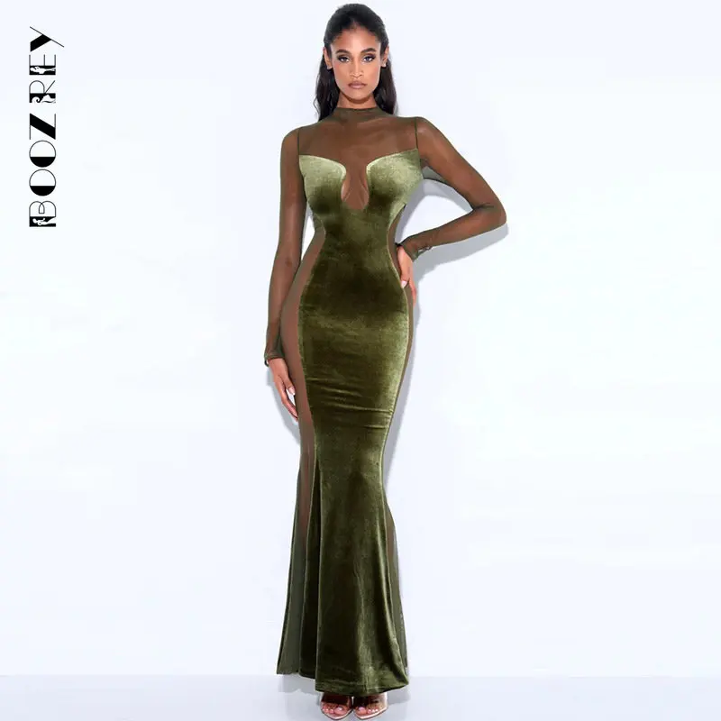 

BoozRey Elegant Stitching Mesh Robe Dress for Women Sexy Long Sleeve Bodycon Long Dress Party Club Evening Skinny Maxi Dresses