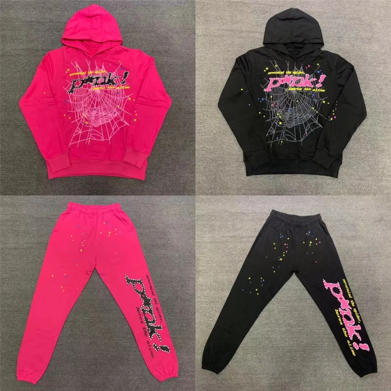

Pink Sp5der 555555 Hooded Sweatshirt Set Men Women Foam Print Young Thug Spider Web Suit