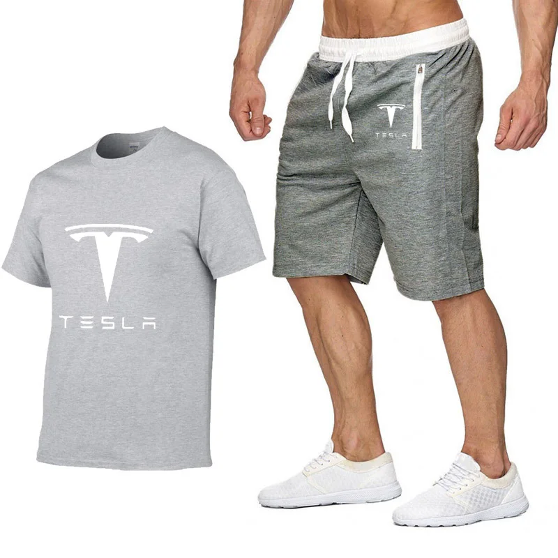 

Summer Men's Suit Tesla Printed Clothes Fashion Casual Sportswear Suit Mans Short Sleeve Cotton T-shirt shorts 2-piece set