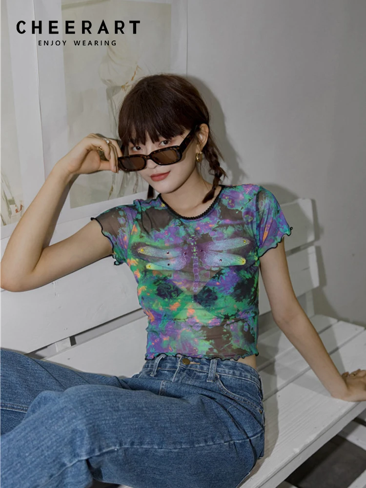 CHEERART-Top corto de malla con estampado de libélula para mujer, camiseta de manga corta, camiseta gótica, Tops de moda, ropa estética
