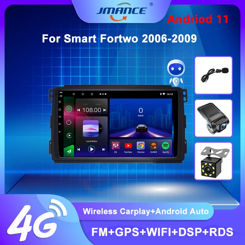 

JMACNE Android 11 Car Radio For Smart Fortwo 2006-2009 Multimedia Video Player Navigation GPS 2 Din DVD FM Carplay Android Auto