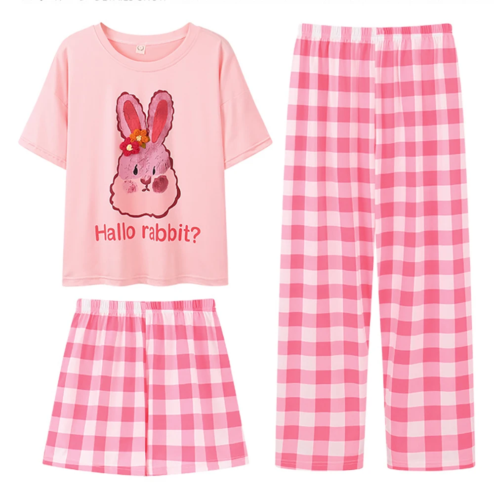 3pcs Sweet Cartoon Rabbit Casual Short Sleeve Elastic Plaid Shorts + Pajama Pants Sets Women's Summer Breathable Sleepwear Suit