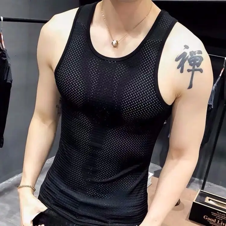 

Summer men's Vest hollow out quick drying personalized slim fit mesh sleeveless tight fitness trend sports waistcoat breathable