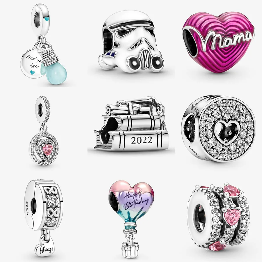 New 925 Sterling Silver Sparkling Triple Halo Hearts Charm Fit pandora Bracelet Happy Birthday Hot Air Balloon Charm DIY Jewelry