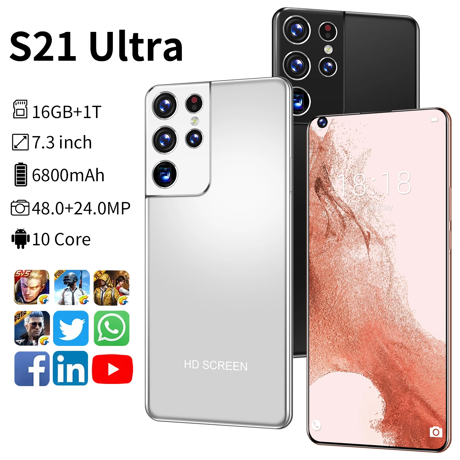

Global Version S21 Ultra Smartphone 16GB+512GB 6.7 Inch 6800mAh 5G Dual SIM Unlocked 48MP AI Camera Andriod Smart Phone