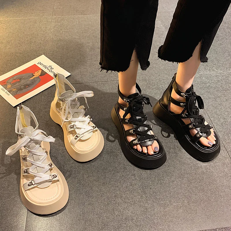 

Lace Up Wedges Women Sneakers Sandals 2023 Summer New Sport Flats Platform Shoes Women Zipper Designer Rome Slide Walking Sandal