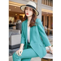 2022 spring summer korean fashion business suit half sleeve french jacket and womens casual double breasted blue trousers suit