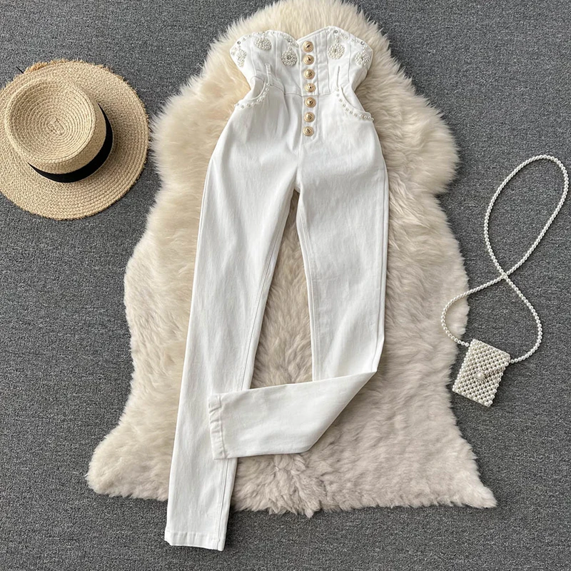 

Fall Thin Skinny High Waist Trousers Women New Fashion Korean Version All-Match Heavy Industry Beaded Slim Pencil Pants