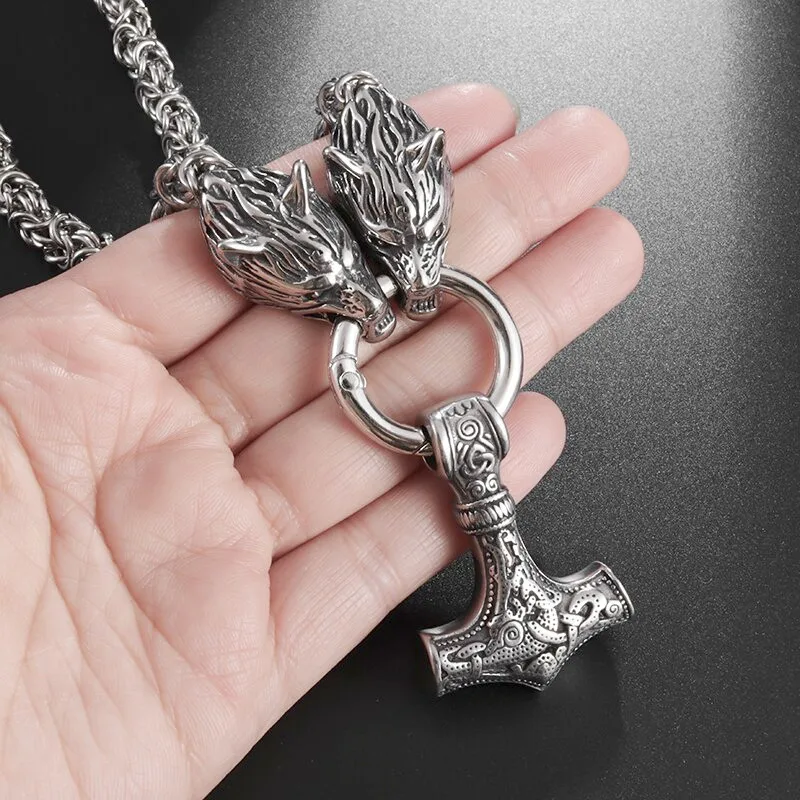 

Vintage Nordic Men's Viking Necklace Double Wolf Head Thor's Hammer Pendant Collar Stainless Steel Chain Torsion Jewelry