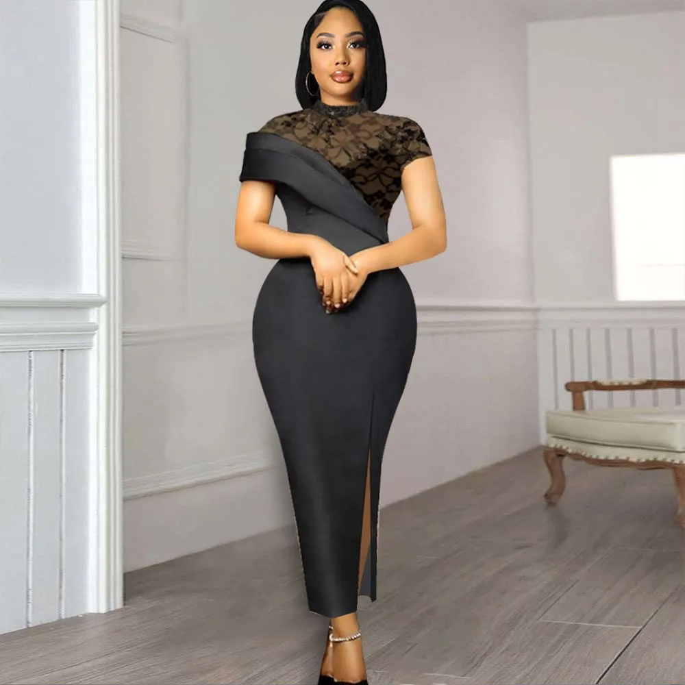 

Summer Black Dress Sexy Transparent Lace Patchwork Vintage Bodycon Slim Women Elegant Evening Party Prom Celebrity Long Dresses