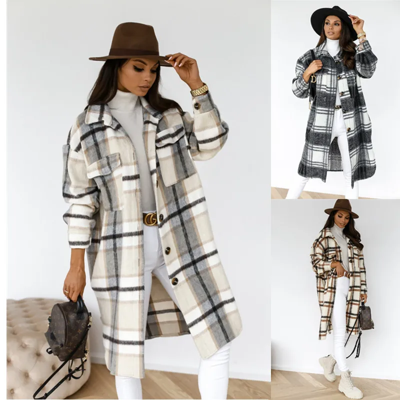 

QNPQYX New Fashion Women's X-long Jackets Autumn Winter Long-sleeved Button Lapel Casual Warm Plaid Long Woolen Coat