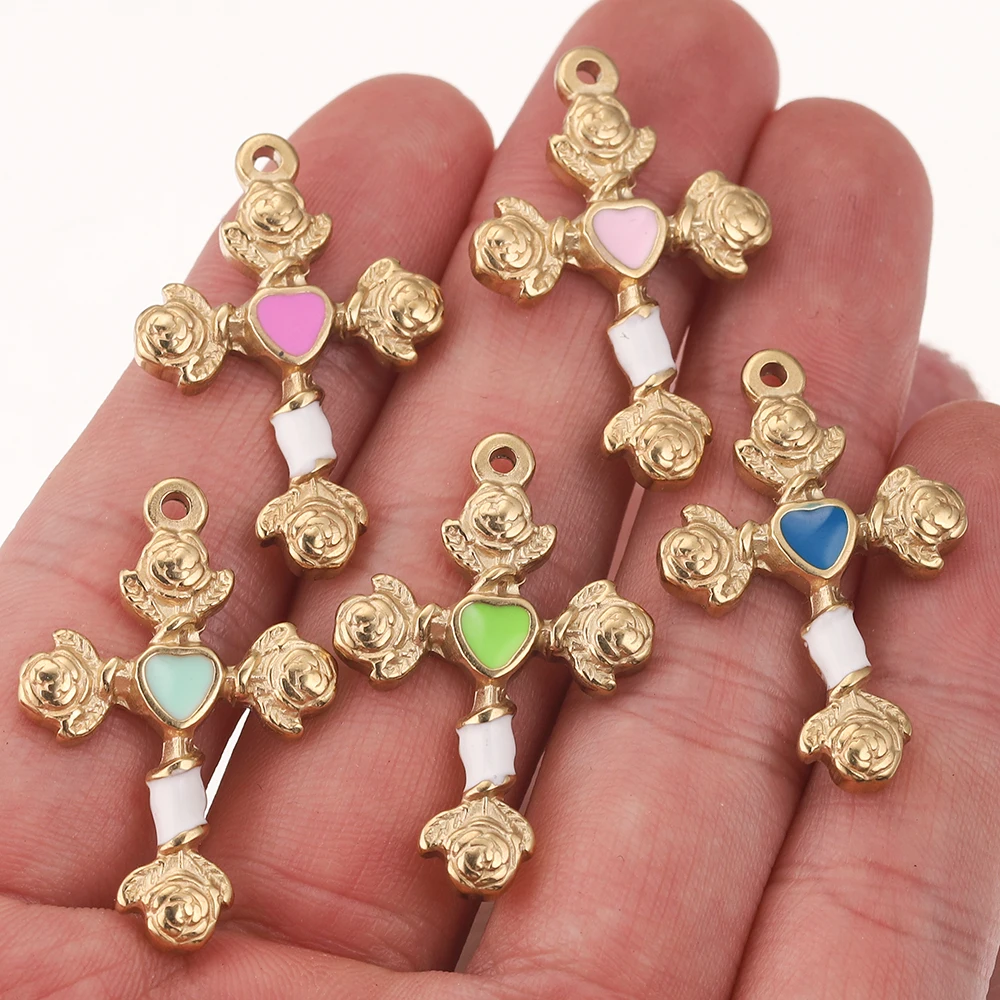 

5pcs 20*30mm Gold Rose Flower Cross Stainless Steel Charms Enamel Crucifix Pendants for Earring Necklace Bracelet Jewelry Making