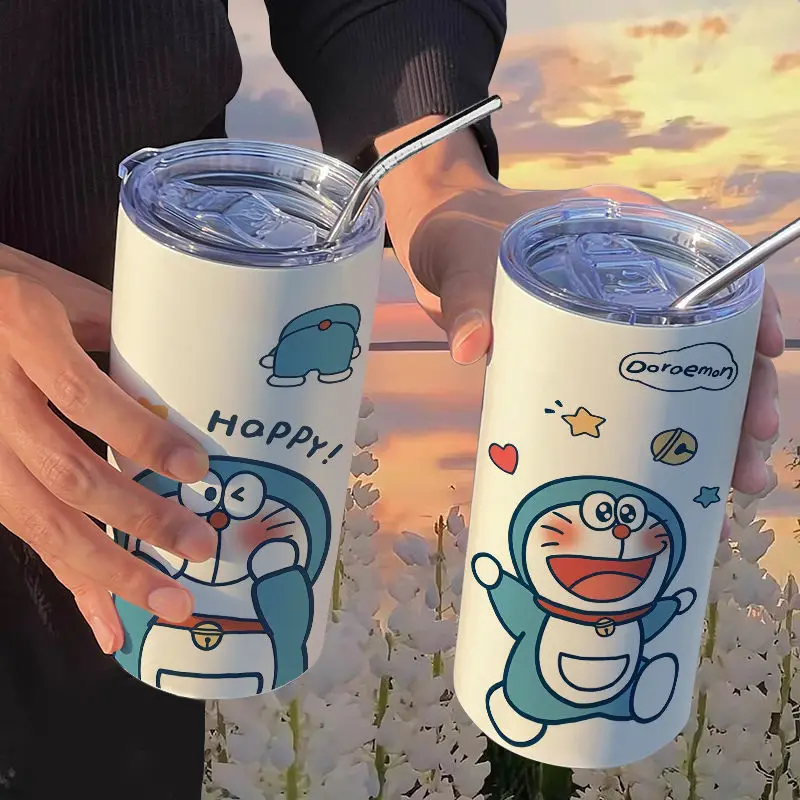 

Blue Fat Man Doraemon Insulation Cup with Straw Handy Cup Coffee Cup Ins High-value Portable Stainless Steel Men and Women