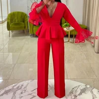 red ruffled patchwork party jumpsuit women sexy deep v neck flare long sleeve one piece outfits rompers elegant wide leg pant