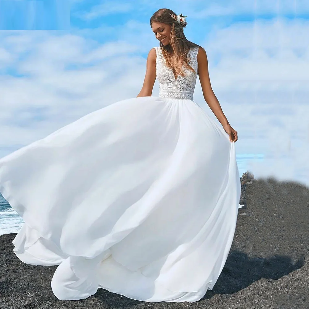 

Женское свадебное платье в стиле бохо It's yiiya, белое шифоновое платье А-силуэта с кружевной аппликацией, открытой спиной и V-образным вырезом ...