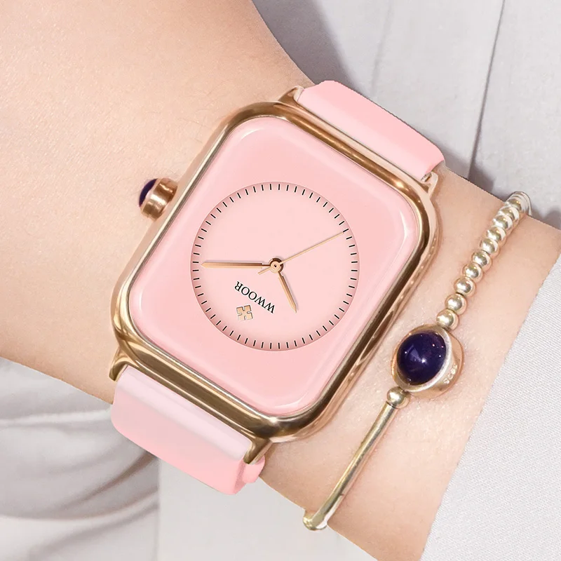 

Relogio Feminino Montre Femme WWOOR 2022 Pink Fashion Minimalist Women Watch Silica Gel Rectangle Ladies Quartz Dress Wristwatch