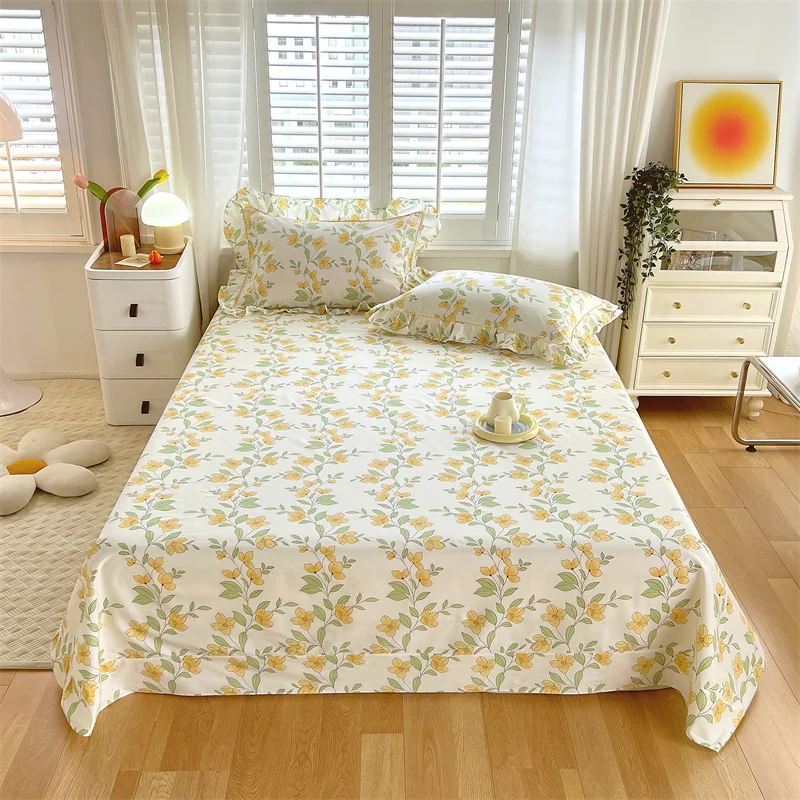 

1pcs Pure Cotton Bed Flat Sheet Plant Flowers Printed Double Top King Sheets Single Size Kids Bed Linen (No Pillowcase)