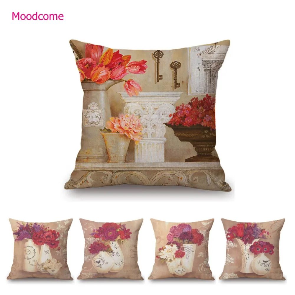 Pink Rose Flower Vase Vintage Retro Floral Home Decorative Sofa Cotton Linen Throw Pillow Case Car Seat Cushion Cover Case