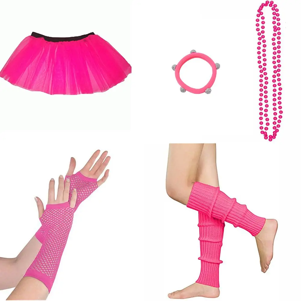 

NEON 80s FANCY DRESS HEN PARTY COSTUMES SET TUTU SKIRT LEG WARMER GLOVES BEADS