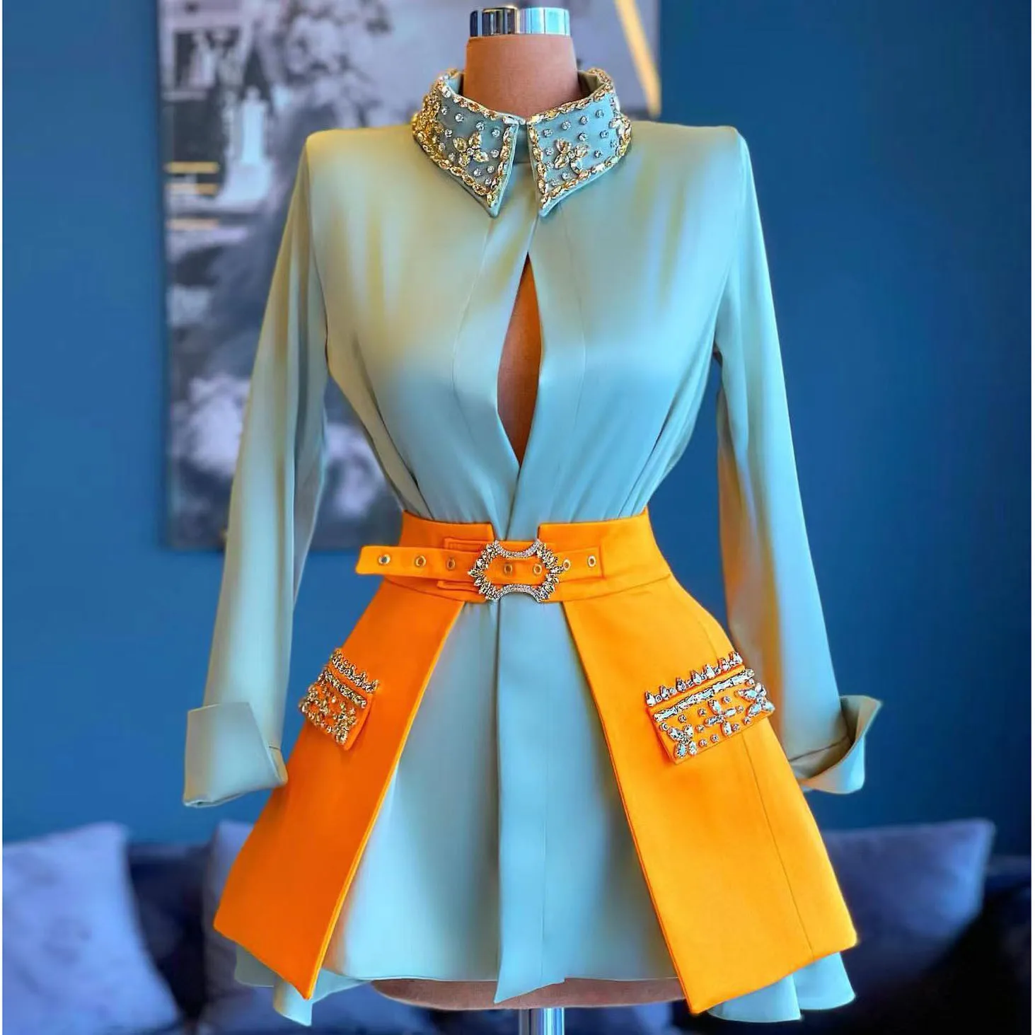 

Luxury Short Prom Gown Cocktail Dresses Satin Beading Sequined High Neck Long Sleeve Night Party Mini Skirt Robe De Soirée Femme