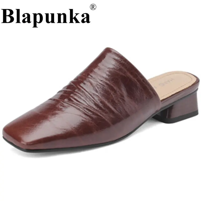 

Blapunka Women Genuine Leather Slippers Mules Square Toe Low Heels Slip-ons Closed Toe Slides Sandals Ladies Spring Summer Shoes