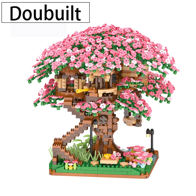 

DOUBUILT Mini Sakura Tree House 2138 шт. строительный блок городская улица вид вишневого цветка модель строительных блоков игрушки для детей Подарки