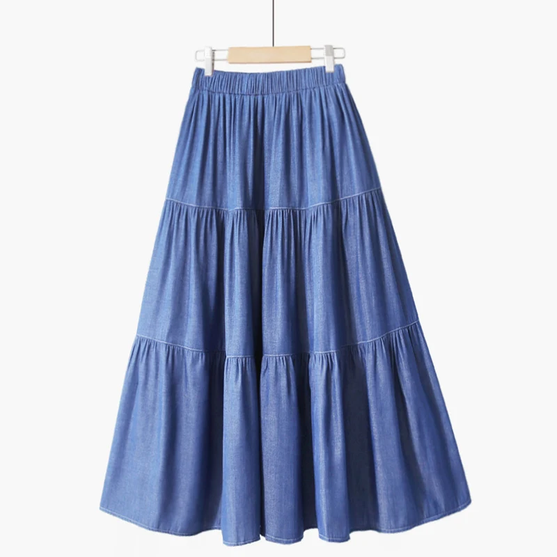 

OHRYIYIE 2023 Summer Midi Long Denim Skirt Women Vintage Skirts High Waist Soft Retro A-line Jean Skirt Female Pleated Skirt