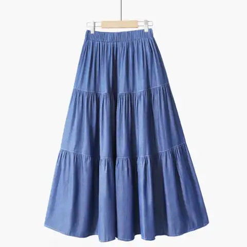 OHRYIYIE 2023 Summer Midi Long Denim Skirt Women Vintage Skirts High Waist Soft Retro A-line Jean Skirt Female Pleated Skirt