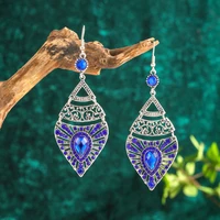 vintage ethnic blue rhinestone water drop earrings for women boho long multilayer hollow geometric dangle earring jhumka jewelry