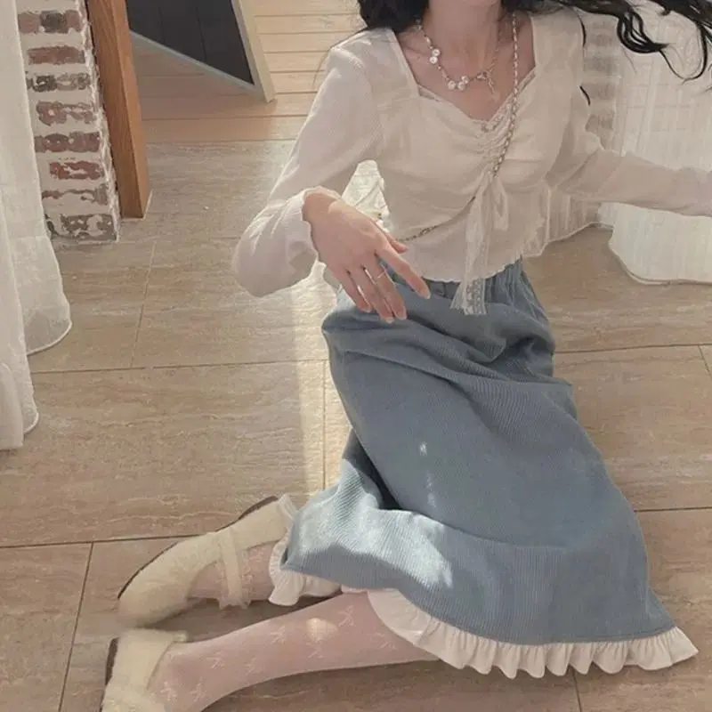 Женская Кружевная футболка с длинным рукавом и квадратным вырезом