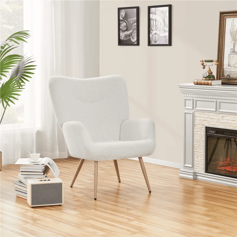 

Alden Design Faux Sherpa Wingback Accent Chair with Oak Legs, White chairs living room accent chairs for living room